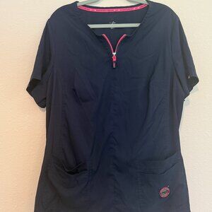 Koi lite, Navy scrub top with pink trim detail, Size 2XL, slim fit.